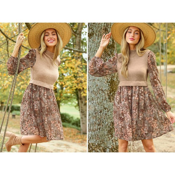 Cupshe Dresses & Skirts - Cupshe Brown Retro Floral Mockneck XL Long Sleeve Mini Dress Cottagecore Prairie